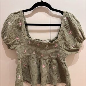 Altar'd State Sage Green Smocked Peplum Top with Pink Embroidery